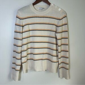 EQUIPMENT FEMME Cream Orange Black Stripe Button Sweater M Wool Cashmere‎ Blend